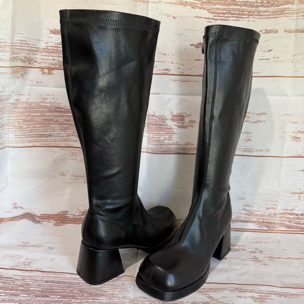 Black Square Toe Stretch Shaft Chunky Block Heel Knee High Boots Women's Sz 8.5